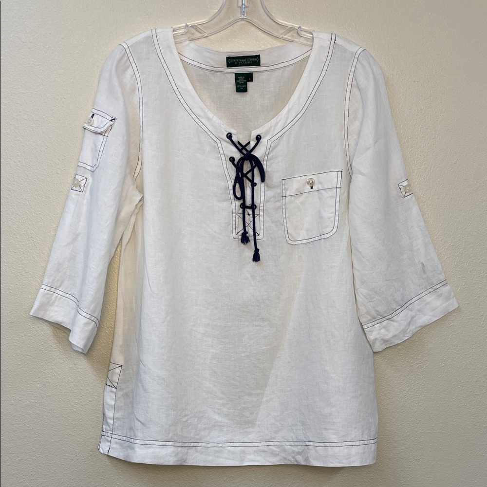 Vntg Lauren Jeans Co White Lace Up Linen Relaxed Boxy Boho Nautical Blouse WL